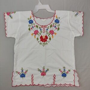 Unbranded Blouse Womens XL White Floral Embroidered Peasant Boho Scalloped Trim